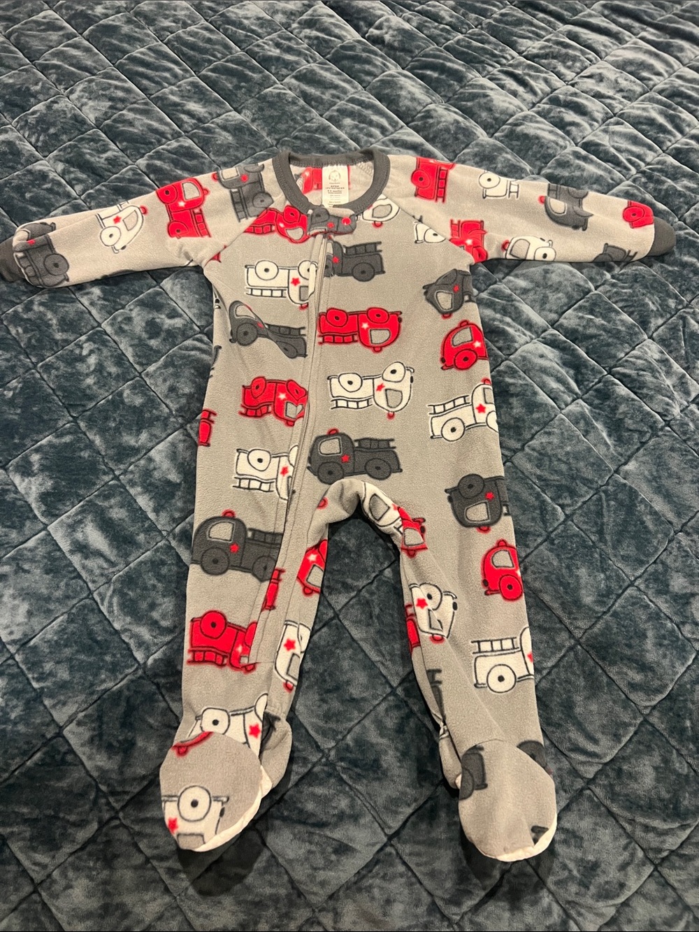 Gerber Gray Fleece One-Piece with Red & Black Fire Truck Print